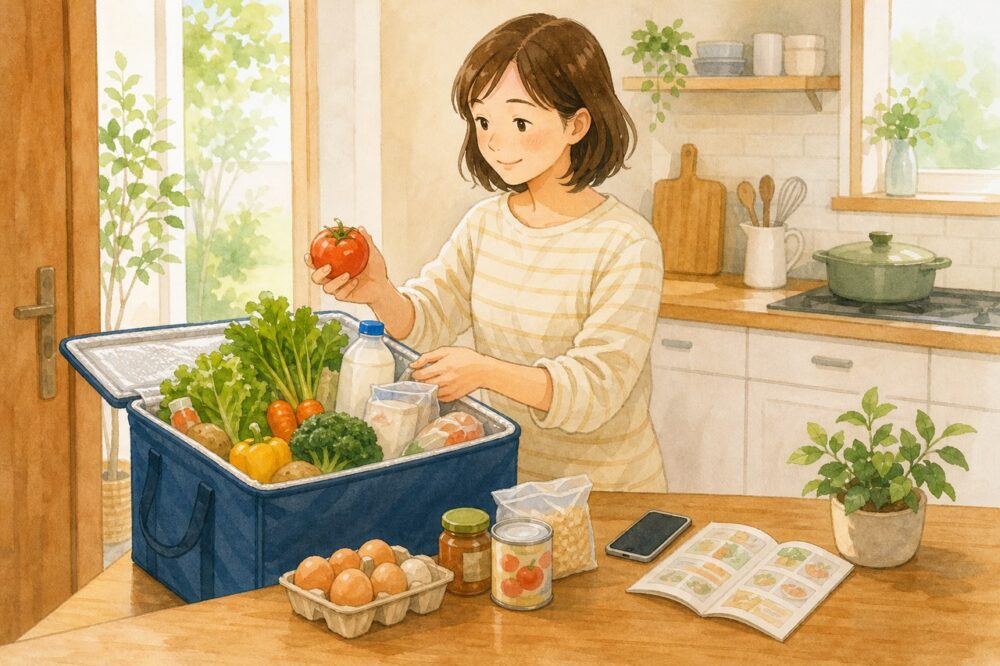 届いた保冷箱から食品を取り出す人