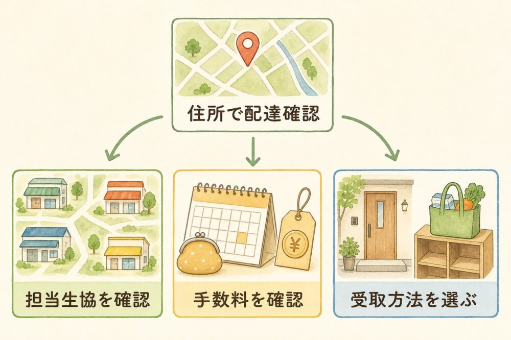 住所から担当生協や手数料、受取方法を確認する図