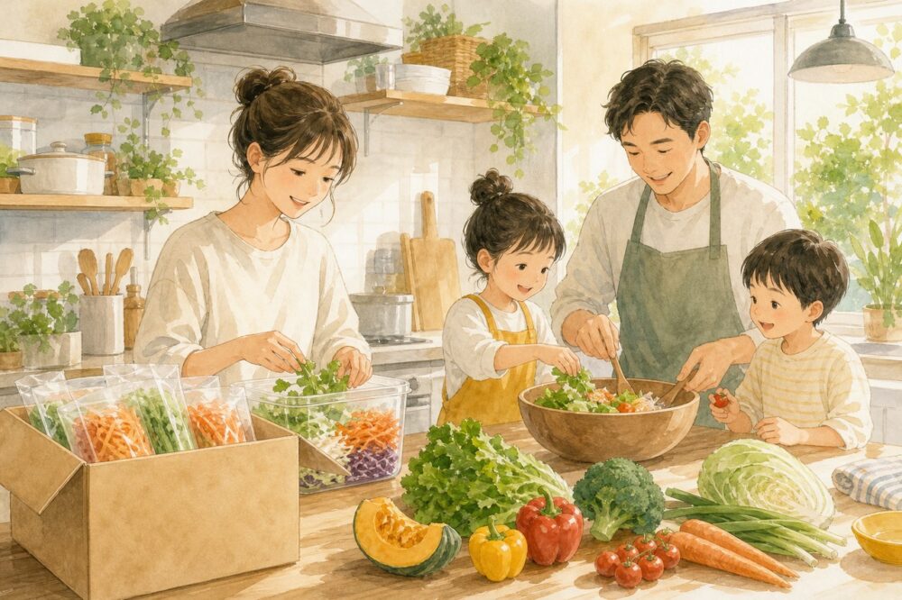 一人暮らしの人と家族が野菜を準備する明るいキッチン