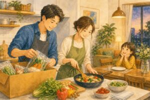 共働きの夫婦が宅配食材で夕食を準備する様子