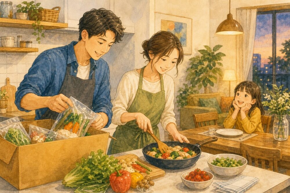 共働きの夫婦が宅配食材で夕食を準備する様子