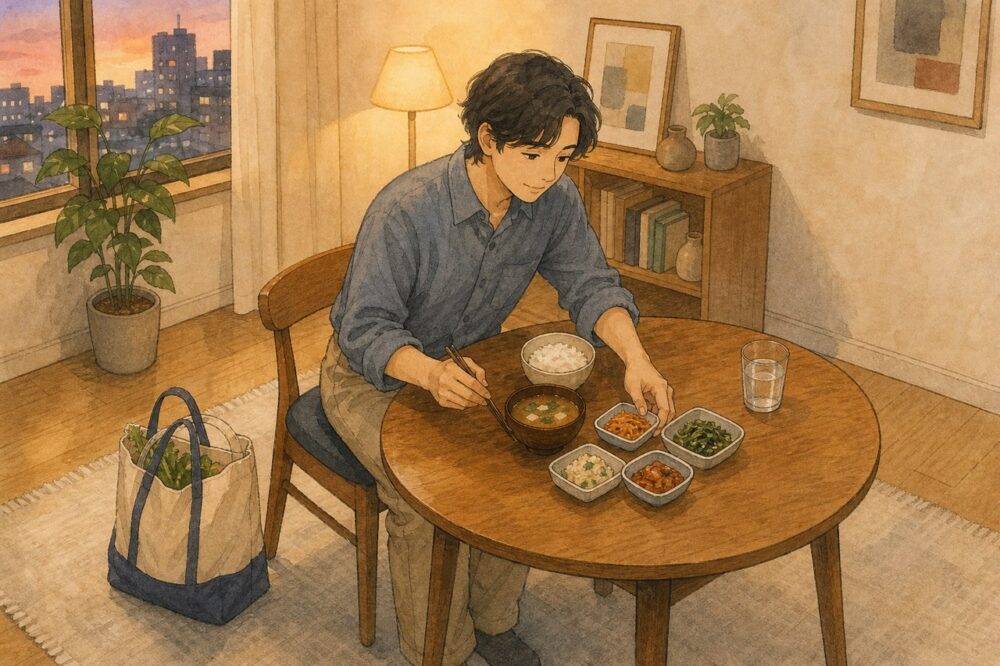 仕事帰りの人が惣菜にご飯を添えて夕食を整える様子