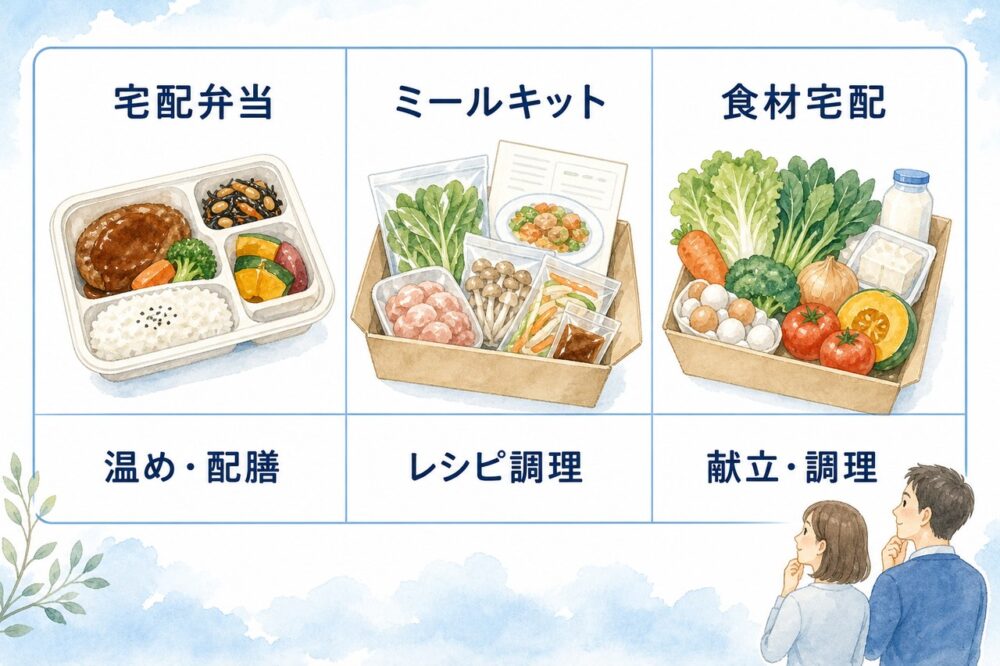 宅配弁当・ミールキット・食材宅配の自宅作業を比べる図