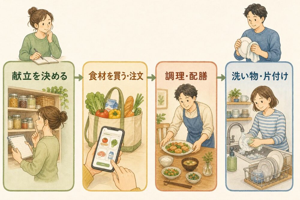 夕食づくりの献立決めから片付けまでを分担する図