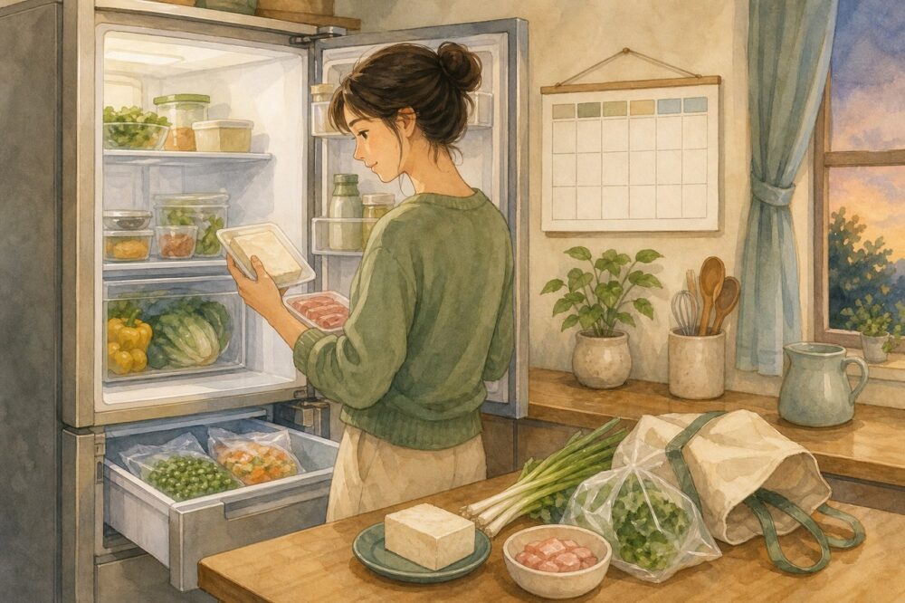冷蔵庫の食材と調理予定を確認する人