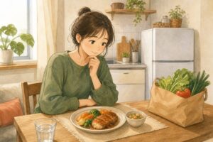 一人暮らしの人が食事宅配の弁当と食材を選ぶ様子