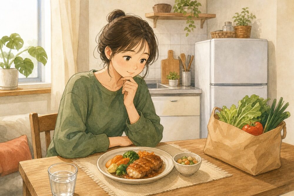 一人暮らしの人が食事宅配の弁当と食材を選ぶ様子