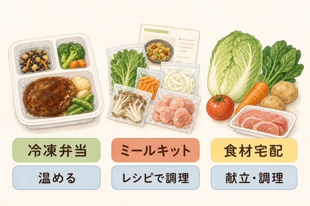 冷凍弁当・ミールキット・食材宅配の違いを比較した図