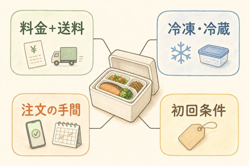 食事宅配を選ぶ4つの比較ポイントを示す図