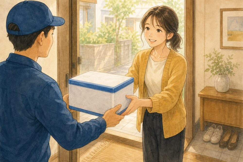 玄関で配達員から冷凍便を受け取る女性