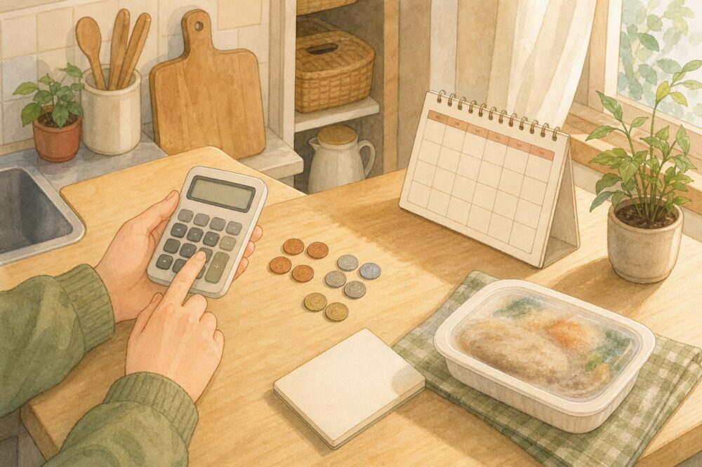電卓と硬貨で宅配弁当の費用を見積もる手元