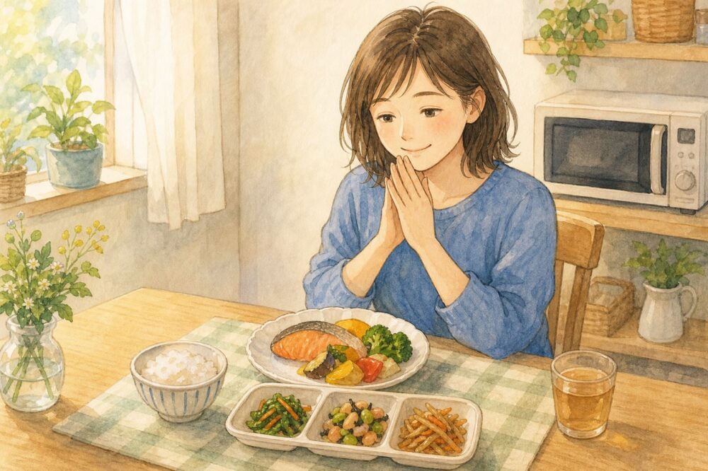 一人分の食卓に並ぶ冷凍おかずとごはん