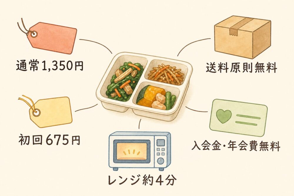 冷凍おかず3食セットの料金と送料、加熱時間の図解