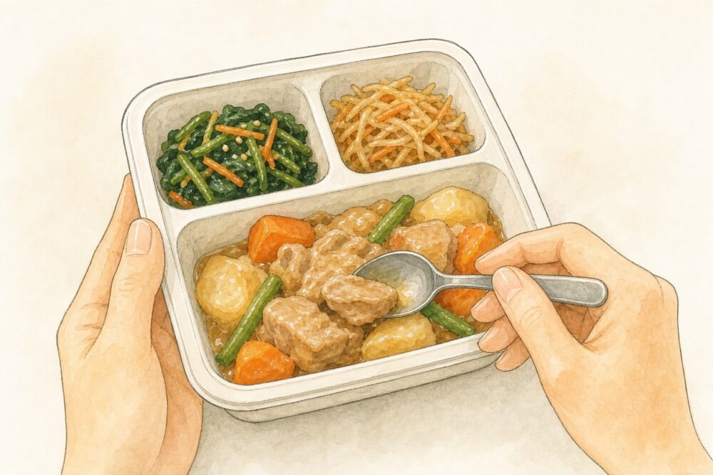 手元で冷凍おかずの量を確かめている様子