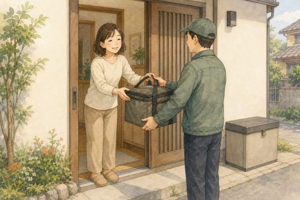 玄関先で配達バッグを受け取る住人と保管ボックス